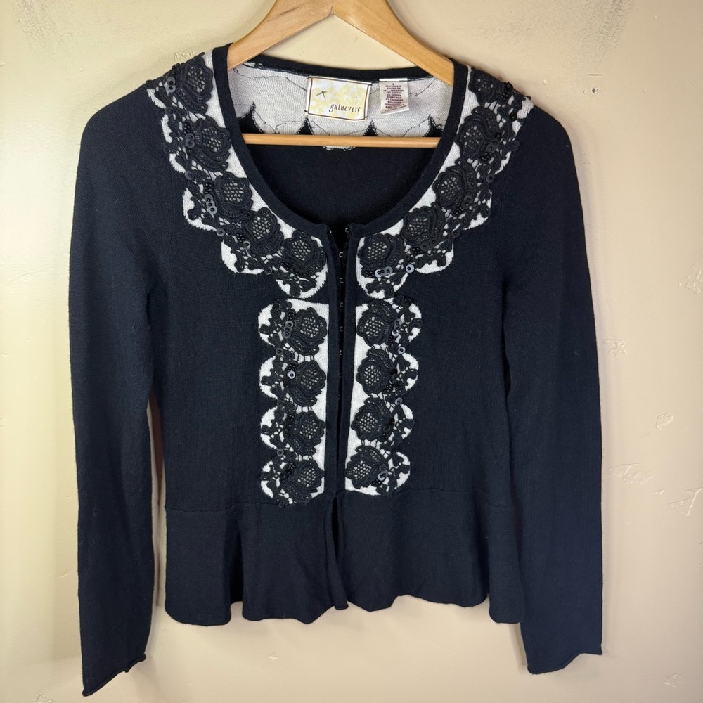 Anthropologie Guinevere Black and Cream Beaded Cardigan‎ Size Small Black Wool